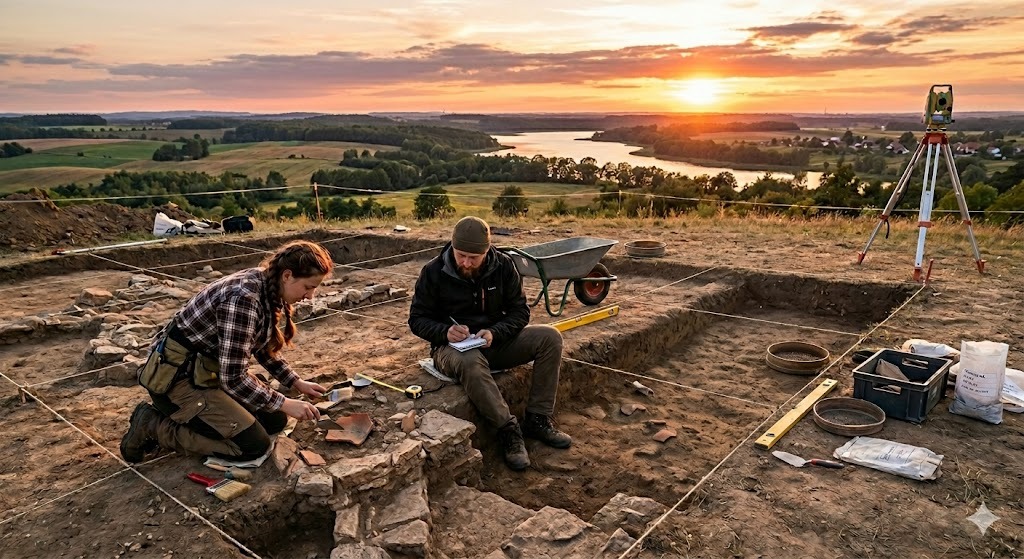 Prace archeologiczne o zachodzie słońca